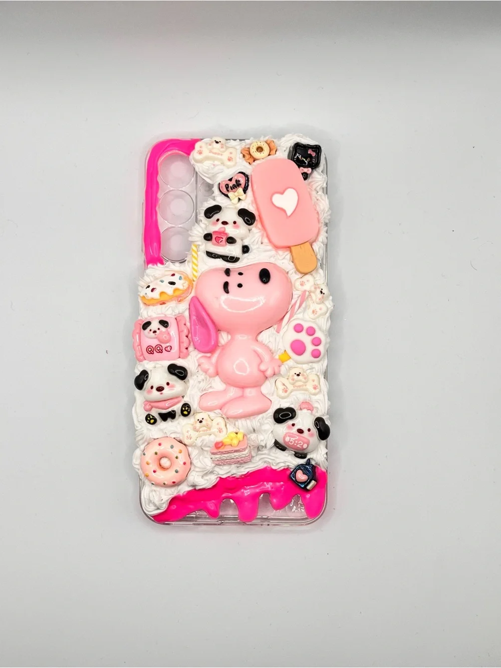 Cute Pink Snoopy Decorated Phone Case with Desserts Charms